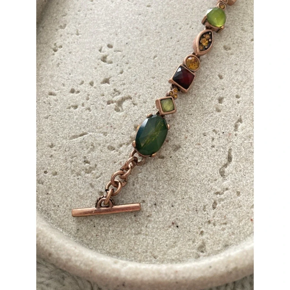 Multicolor Glass Stone Link Bracelet Copper Tone Toggle Clasp Artisan Colorful - Picture 3 of 6